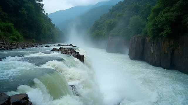 A strong current near a waterfall. Floods flowing in mountain rivers after heavy rains. Flash floods, the effects of global warming and the effects of deforestation.
