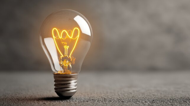 Light bulb glowing with warm light on a textured surface.
