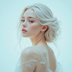 Close-up studio portrait of a young woman with flowing platinum blonde hair styled in loose waves and ringlets, wearing an ethereal white dress against a soft light blue background