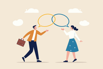 Customer engagement, emotional connection between customer and brand, loyalty, consumer trust or deep relationship concept, businessman represent brand talk with customer as linked speech bubble.