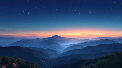 Fototapeta premium A breathtaking vista unfolds as layers of blue hued mountain ranges fade into the horizon beneath a starry sky illuminated by a warm, gentle sunset glow.