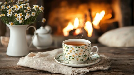 Fototapeta premium A person relaxing by the fireplace with a cup of tea