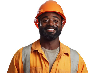 Portrait of a cheerful african american construction worker smiling, wearing an orange helmet and coverall, isolated