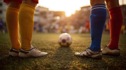 soccer players weenng different colored jerseys stand opposite each other on the football field, with a football on the grass in the middle
