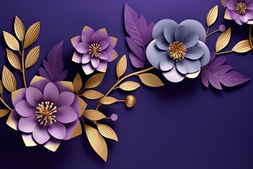 3d paper flowers and leaves background in plum, violet and gold, floral botanical wallpaper.