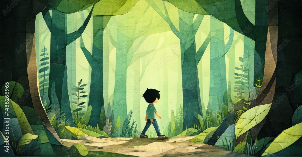 Aufkleber Boy walks path through dense forest. Light filters between tall trees, creating serene atmosphere. Green hues dominate scene.