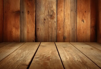Naklejka premium sustainable building materials,Empty room with wooden plank floor and wood panel walls, featuring a warm, rustic texture and natural wood grain patterns.