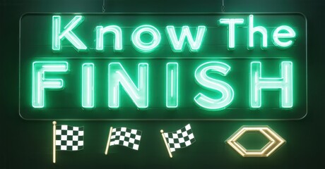 Fototapeta premium Bright neon sign displays text, Know Finish. Checkered flags, diamond shape present below lettering. Dark background enhances glow.