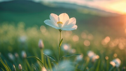 Sunset forest with wild green grass. Macro shot, shallow focus. Stunning summer nature backdrop