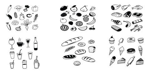 Naklejka premium A cohesive set of food and drink icons in a clean, thin editable line vector style, ideal for use in digital interfaces, print, and branding.