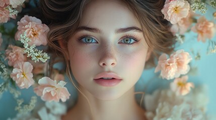 Serene woman surrounded by flowers