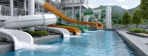 Vibrant water park offers numerous waterslides, inviting families to enjoy summer activities. The clear blue water glistens in natural light, enhancing the joyful atmosphere.