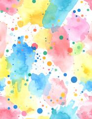 Colorful watercolor splashes create a vibrant, artistic background with various shapes and dots in a playful arrangement