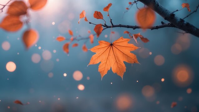 Macro view of a withered orange leaf on a branch with a dark, textured background and floating particles - Powered by Adobe
