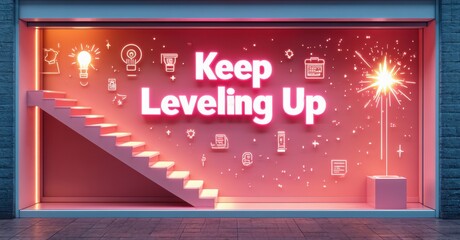 Bright shop window displays staircase, motivational text, icons. Fireworks illuminate scene, suggesting growth, progress. Warm color palette dominates.