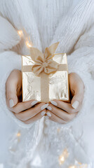 Close-Up of Woman’s Hands Holding a Fancy Gold Christmas Gift – Luxury Holiday Giving Concept