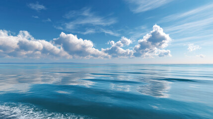 Obraz premium Serene ocean view under bright blue sky with fluffy clouds reflecting on calm water