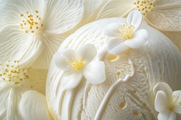 Obraz premium Vanilla ice cream is adorned with delicate white jasmine flowers, creating a dreamy dessert