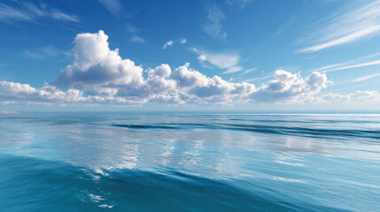 Obraz premium Expansive ocean view under clear blue sky with fluffy clouds reflecting on calm waters