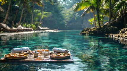 A private villa pool with floating breakfast trays and palm trees