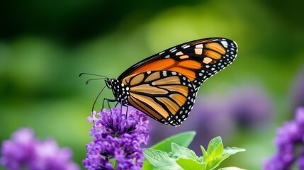 Fototapeta premium Vibrant Monarch Butterfly Resting on Beautiful Purple Flower in a Natural Garden Setting