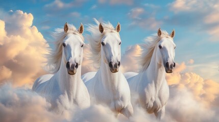 Obraz premium Majestic White Horses Running Through Soft Clouds Under a Colorful Sky at Dusk