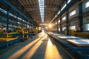 Fototapeta premium sustainable building materials,A spacious industrial factory interior with sunlight streaming through windows, illuminating machinery and stacked materials.