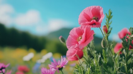 Obraz premium Vibrant Pink Poppies in a Blossoming Field Under a Clear Blue Sky with Greenery Background