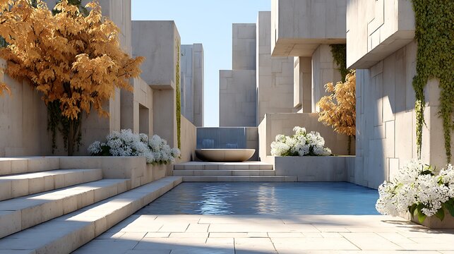 Huge Brutalist Wall Painting with Fountain Centered in Serene Landscape Surrounding