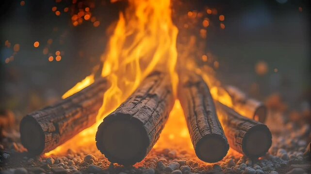 Bright campfire with vivid flames rising from stacked logs during evening in natural outdoor setting
