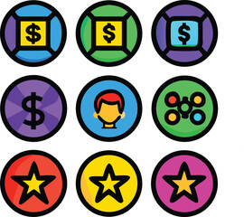 A collection of nine colorful circular icons with dollar signs, a face, stars, and other symbols