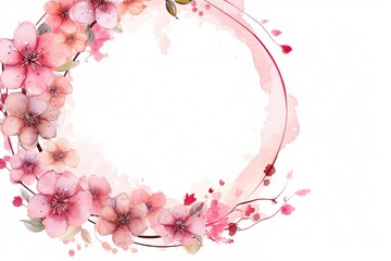 Circle Frame with Pink Watercolor Flowers. Romantic Valentine's Day Design with copy-space