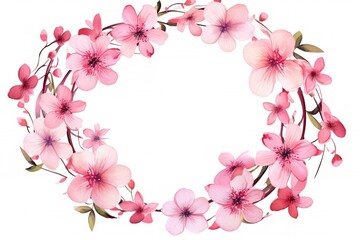 Circle Frame with Pink Watercolor Flowers. Romantic Valentine's Day Design with copy-space