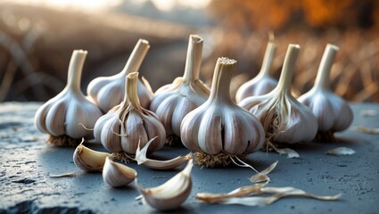Harvesting garlic heads on gray concrete.