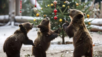 Obraz premium Joyful Holiday Shenanigans: Grizzly Bears Embrace Christmas Cheer with Festive Decor, Wholesome Celebrations, and Heartwarming Winter Magic