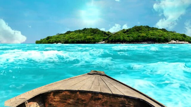 A boat gently floating, heading towards a lush green island in the middle of the sea, with trees thriving under the bright sunlight and a clear blue sky. The beauty of nature and travel.