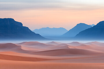 Obraz premium Desert sunrise with misty mountains.