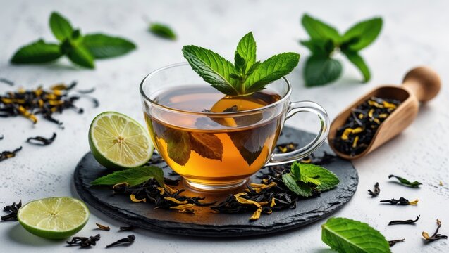 Herbal Tea with Mint Leaves in a Glass Cup