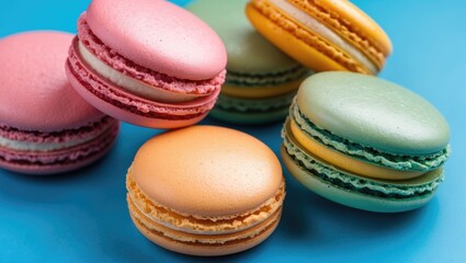 Obraz premium Detailed view of multi-colored cakes against a blue backdrop. Culinary and cooking theme. Delicious vibrant desserts.