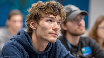 Focused Student Engaged in Learning During Class with Peers in Background Setting