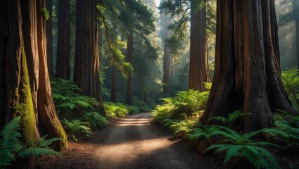 Obraz premium Exploring the Tall Sequoias on a Redwood Trail in California