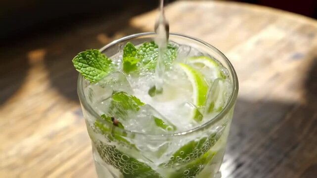 Refreshing mint mojito cocktail being prepared with lime and ice, close-up view