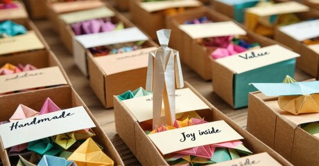 Boxes filled origami pieces. Small paper figure stands within open container. Tags display words like handmade, joy inside.