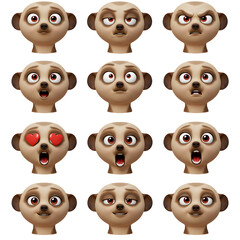 Cartoon meerkat faces with various expressions on transparent background