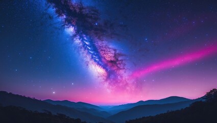 Fototapeta premium Starry sky and galaxy view over mountains illuminated by pink light in a tranquil space scene
