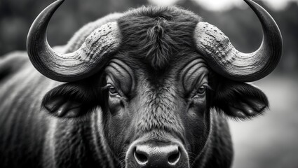 Naklejka premium Detailed black and white portrait of a buffalo's head and horns
