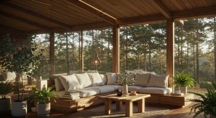 Mirrored Eco-Cabin Interior: Wooden Platform Detail