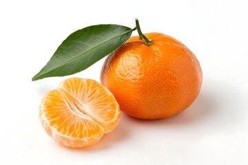 Smooth Orange Tangerine With Green Leaf Close-Up On White Background