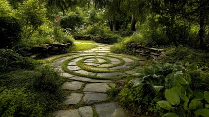 Stone Spiral Path in a Lush Green Garden