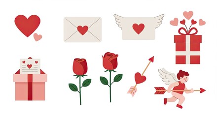 Cute Valentine's Day illustrations with hearts, roses, cupid, and gift boxes